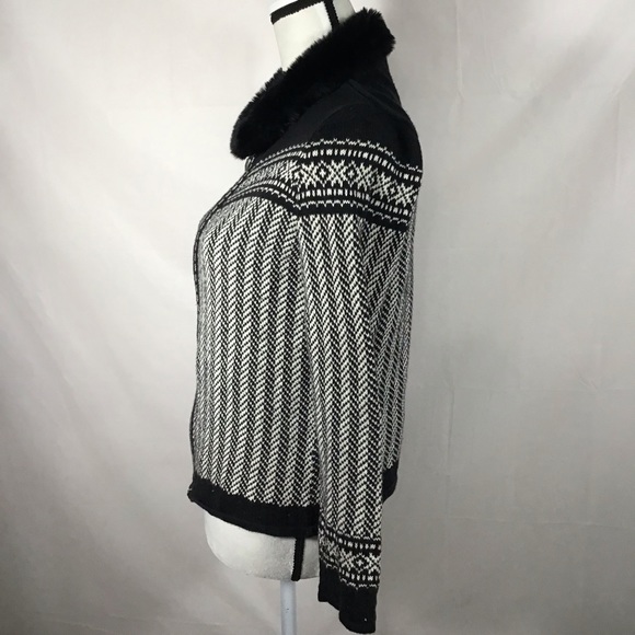 Black & White Fair Isle Zip Fur Collar Cardigan - Picture 3 of 14